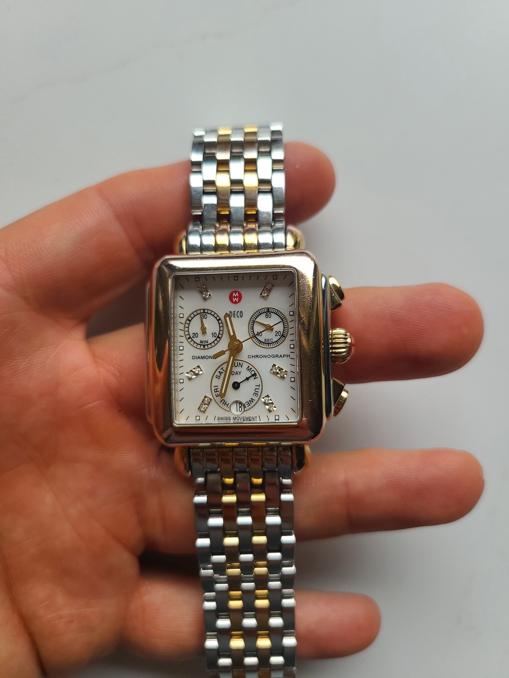 Michele Two-Tone Gold and Silver Diamond Dial Deco Diamond Chronograph Watch